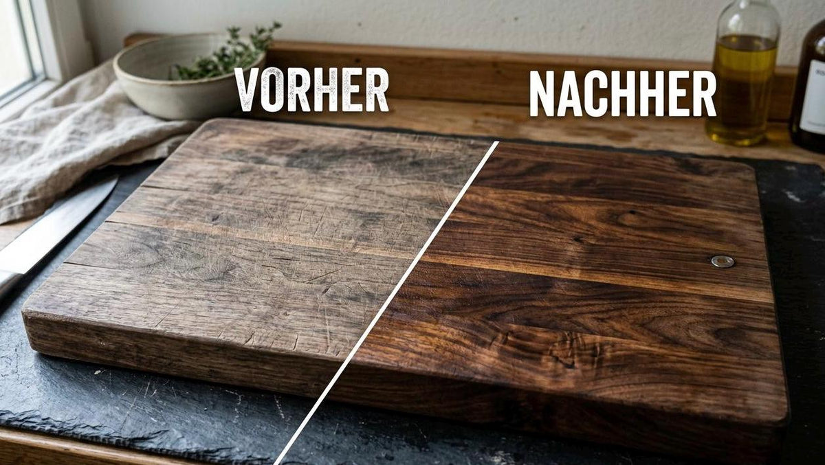Premium Holz-pflegeset für Schneidebretter & Massivholz I Natürlicher Schutz mit Lebensmittelechtem Leinölfirnis, 3x Schleifpapier, Zubehör