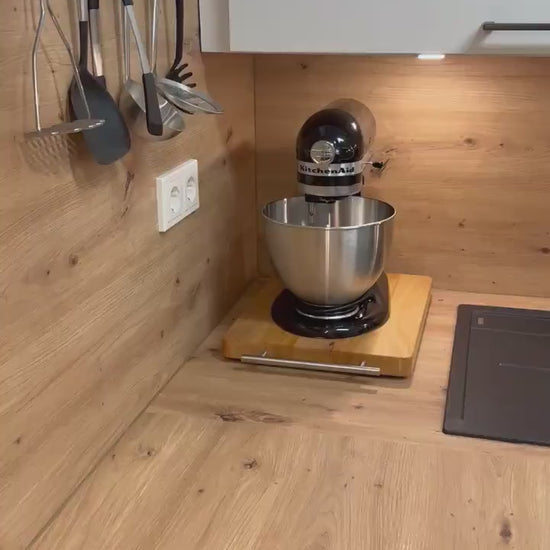 Gleitbrett für Küchenmaschinen aus Massivholz mit Rollen – rutschfest & leicht verschiebbar. Thermomix® tm6 tm7, Bosch® Cookit, Kitchenaid®